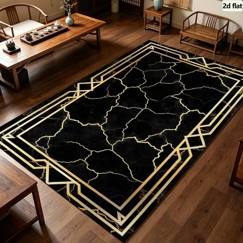 Carpet Flooring Black Marble Square Area Rug Gold Crack Vein Geometric Frame Luxury Floor Carpet Indoor Decor