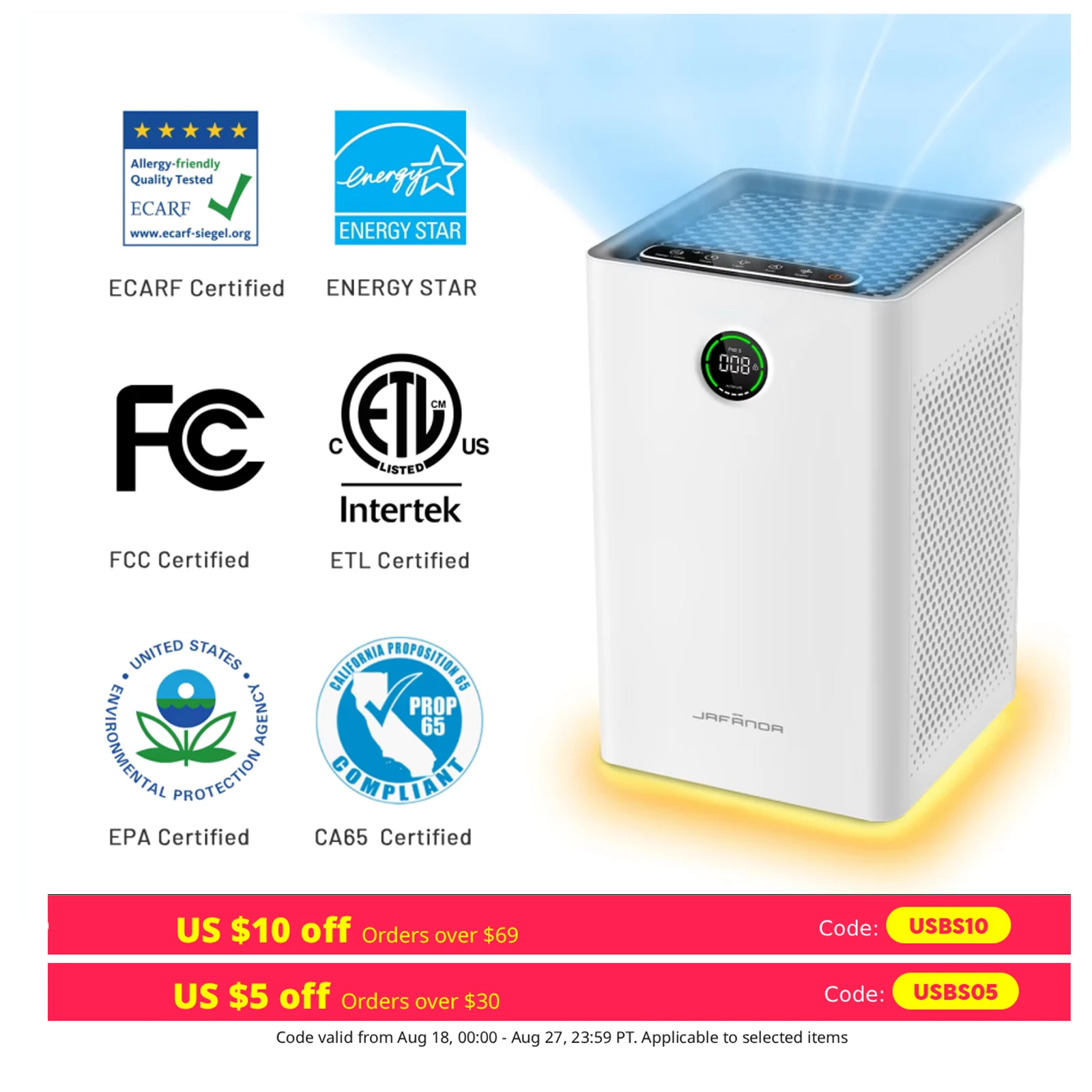 

Jafända Air Purifiers for Home Large Room, Smart WiFi and Alexa Control, True HEPA Filter Air Cleaner with Activated Carbon