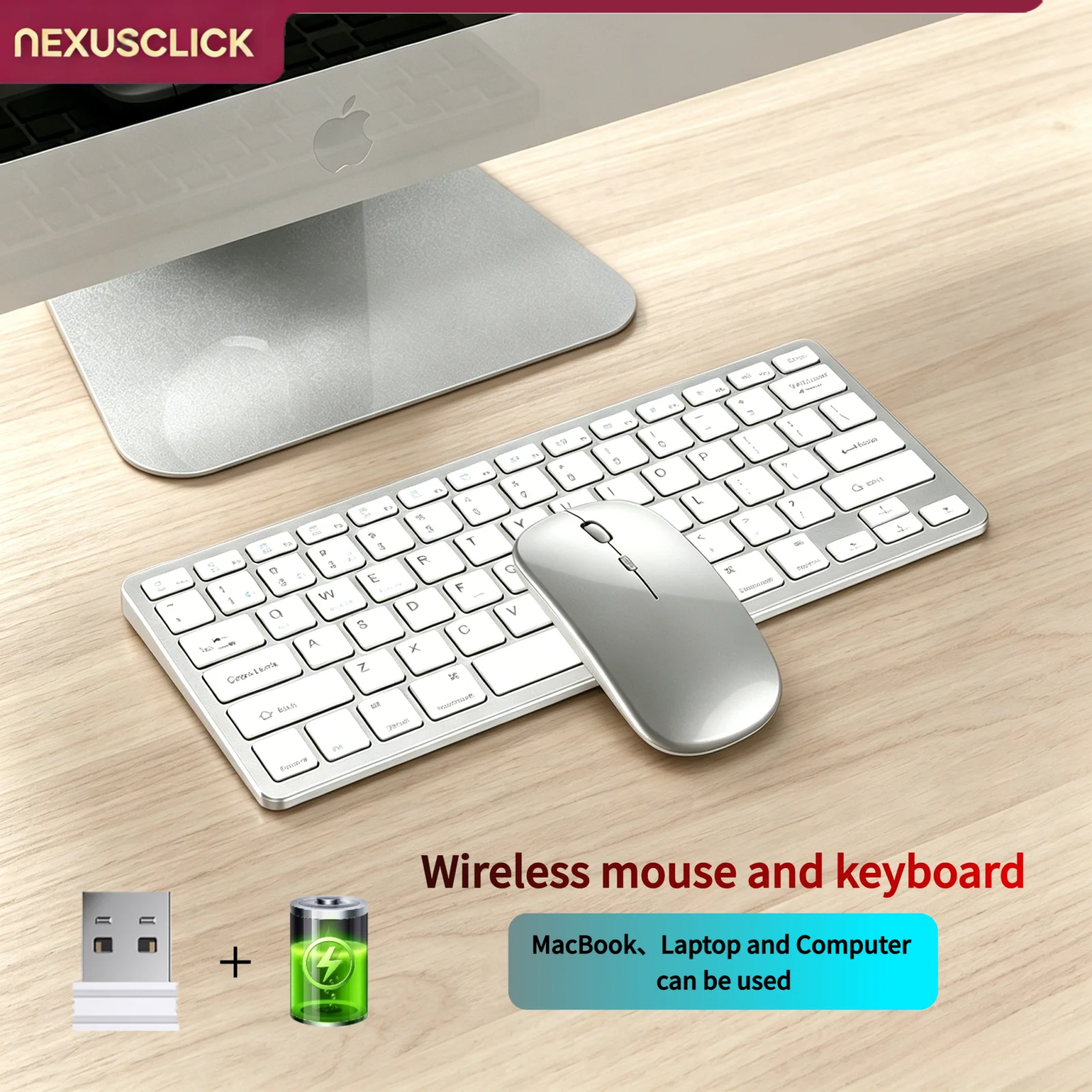 NexusClick Rechargeable Wireless Keyboard Mouse Combo, 2.4G USB Silent Ergonomic Mini Keyboard Mice Set for Laptop PC Mac Office