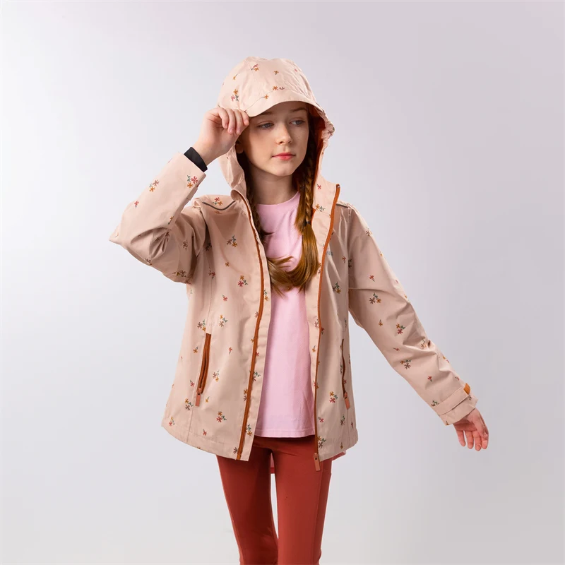 Children Outdoor Hardshell Functional Waterproof Windbreaker Hooded Girls Floral Spring Sports Coat Teenagers Kids Rain Jacket