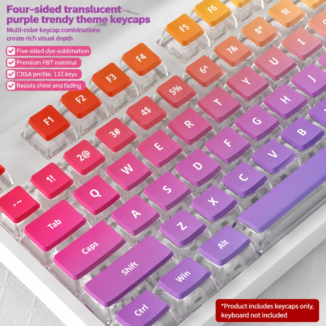 Purple Ripple Four-Sided Backlight Keycaps 132 Keys PBT+PC Material CBSA Profile For MX Switch Mechanical Keyboard ANSI Layout