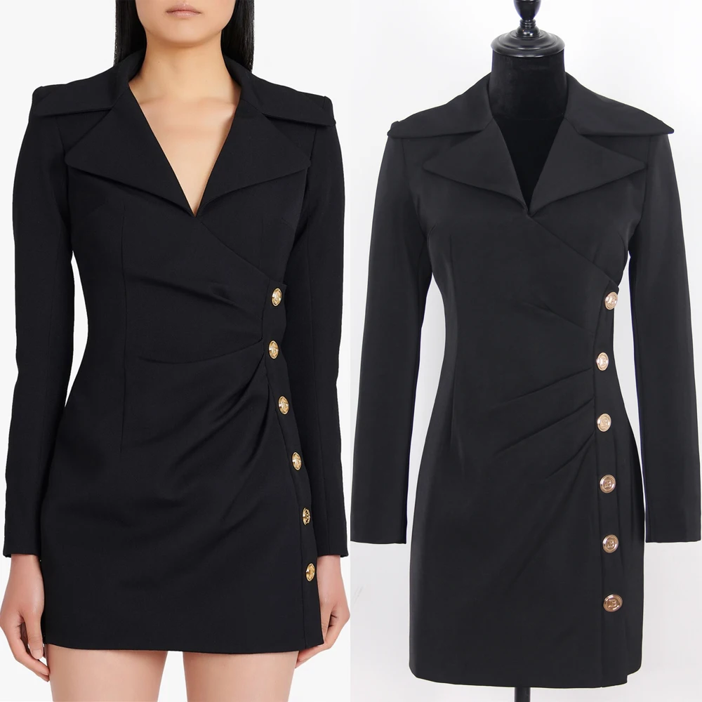 

S-3XL High Quality Solid Color Large Lapel V-Neck Slim Long Sleeve Side B Button Commuter Casual Commuter Short Women's Dress