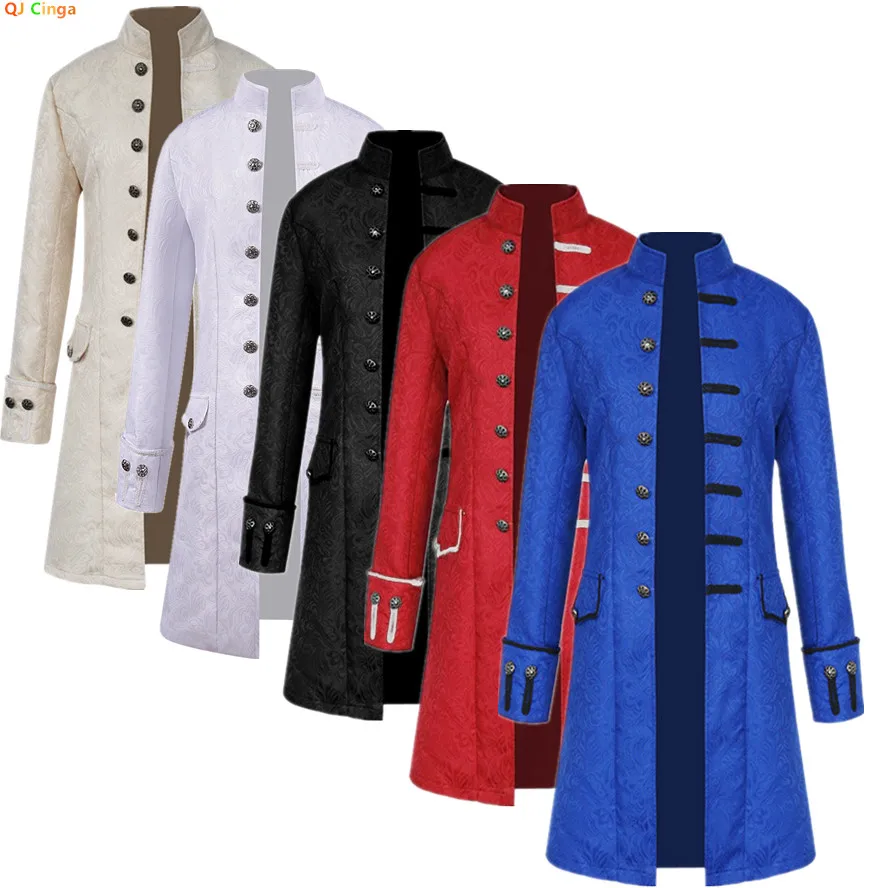 Halloween Men's Long Coat, Jacquard Fabric Jacket, Steampunk Retro Trench,White, Black, Blue, Burgundy, Apricot Are Available.