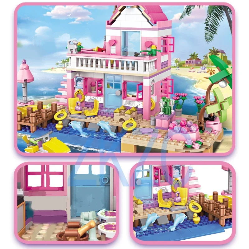 1 Change 2 Friends City House Summer Holiday Seaside Villa Apartment Slide Building Blocks Sets Figures Toys for Kid Girls Gift