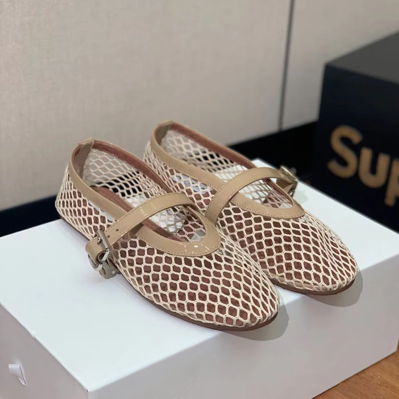 Mesh Buckle Strap Women's Ballet Shoes Laofers Casual Soft Comfy Hand-made Women Flat Shoes Solid Color Round Toe Zapatos Mujer