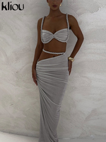 kliou Woven Sexy Women 2 Piece Set Stunning Hot Solid Pleated Crop Camisoles+High Waist Maxi Skirts Female Trend Vacation Outfit