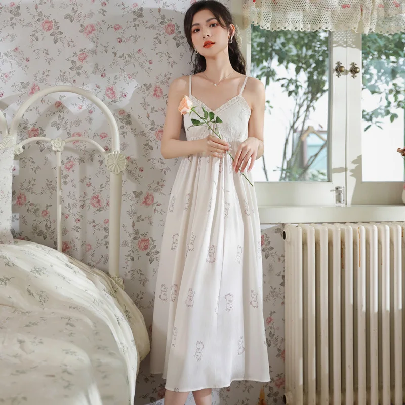 

Summer Sleeveless Night Dress Women White Long Nightdress Sweet Printed Nightgowns Princess Sleepwear