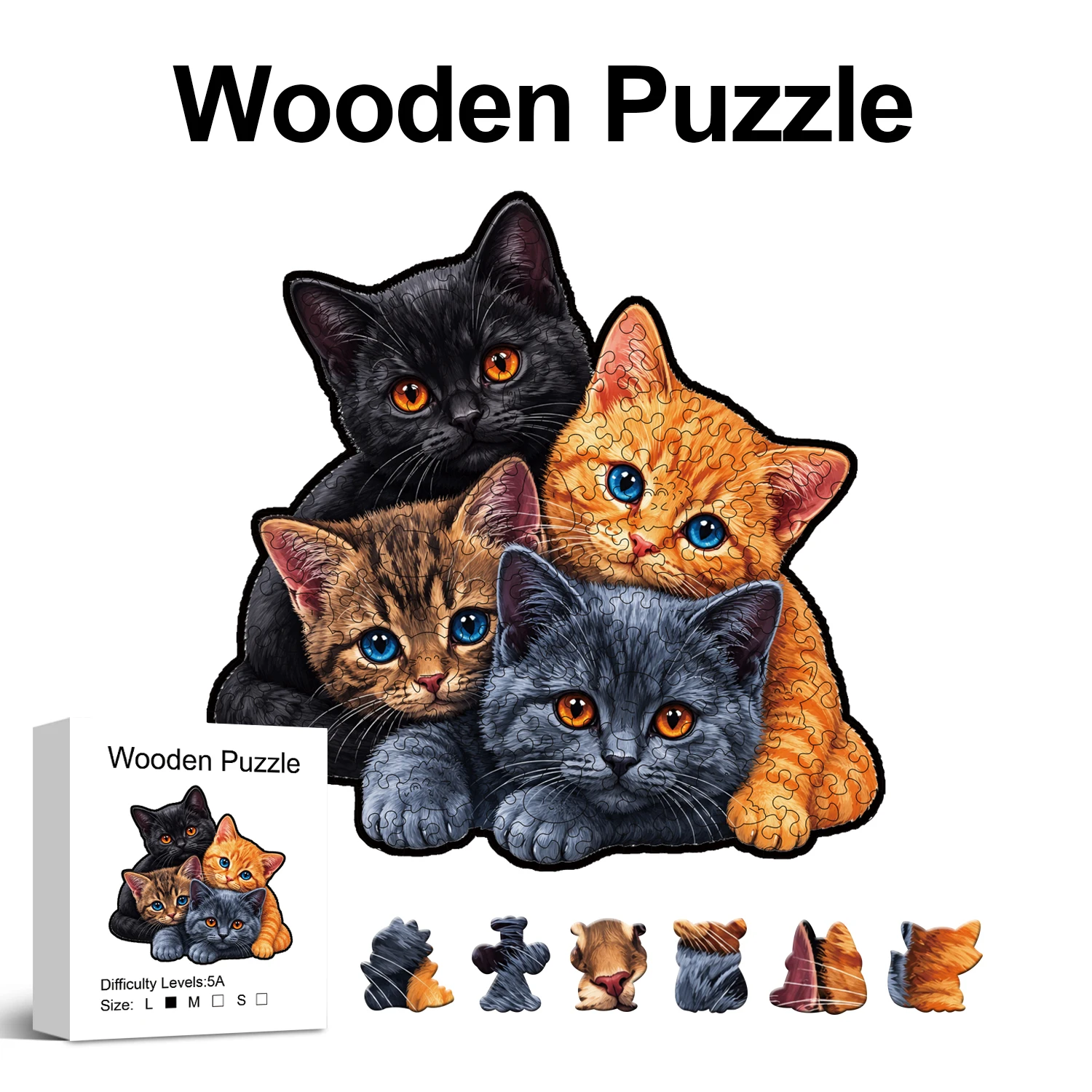 Four Pet Cats Wooden Jigsaw Puzzle, Uniquely Irregular Animal Shaped Wooden Puzzle For Adults, Perfect Birthday Holiday Gift