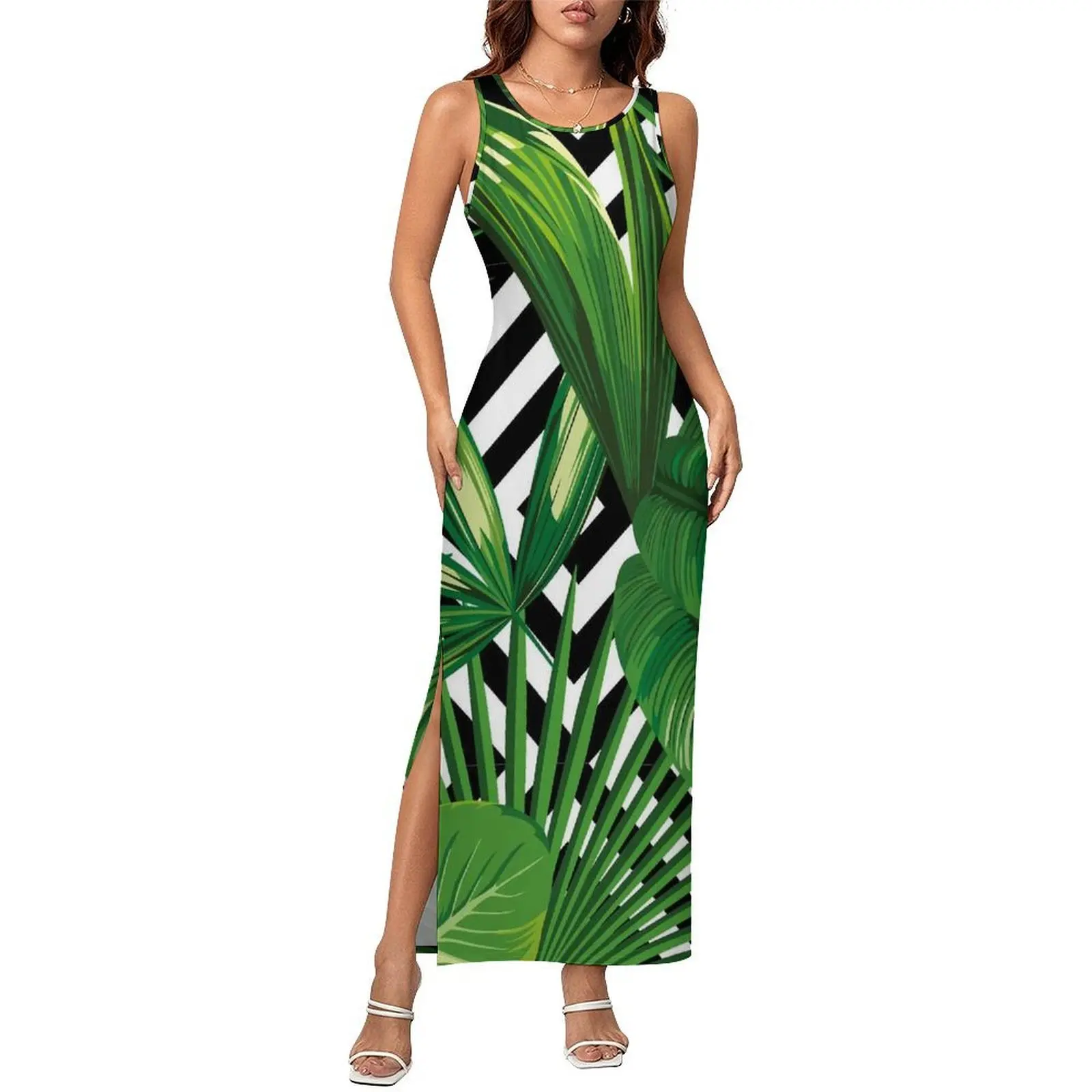 Palm Leaves Dress Sleeveless Black And White Geometry Street Style Maxi Dresses Vintage Bodycon Dress Design Big Size Clothing