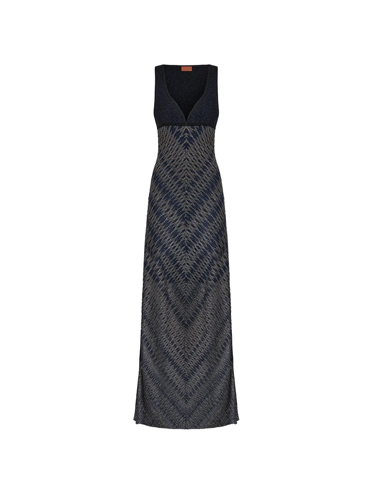 Summer Fashion Zigzag Pattern Knitting Vintage Elegant Long Dress Women's V-Neck Sleeveless Patchwork High Waist A-Line Dresses