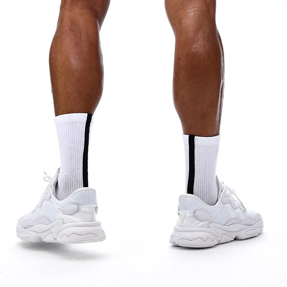 Chaussettes de sport en fibre de lyJean-à rayures verticales pour hommes, grandes chaussettes en coton astronomique, tête cousue à la main, blanc et noir