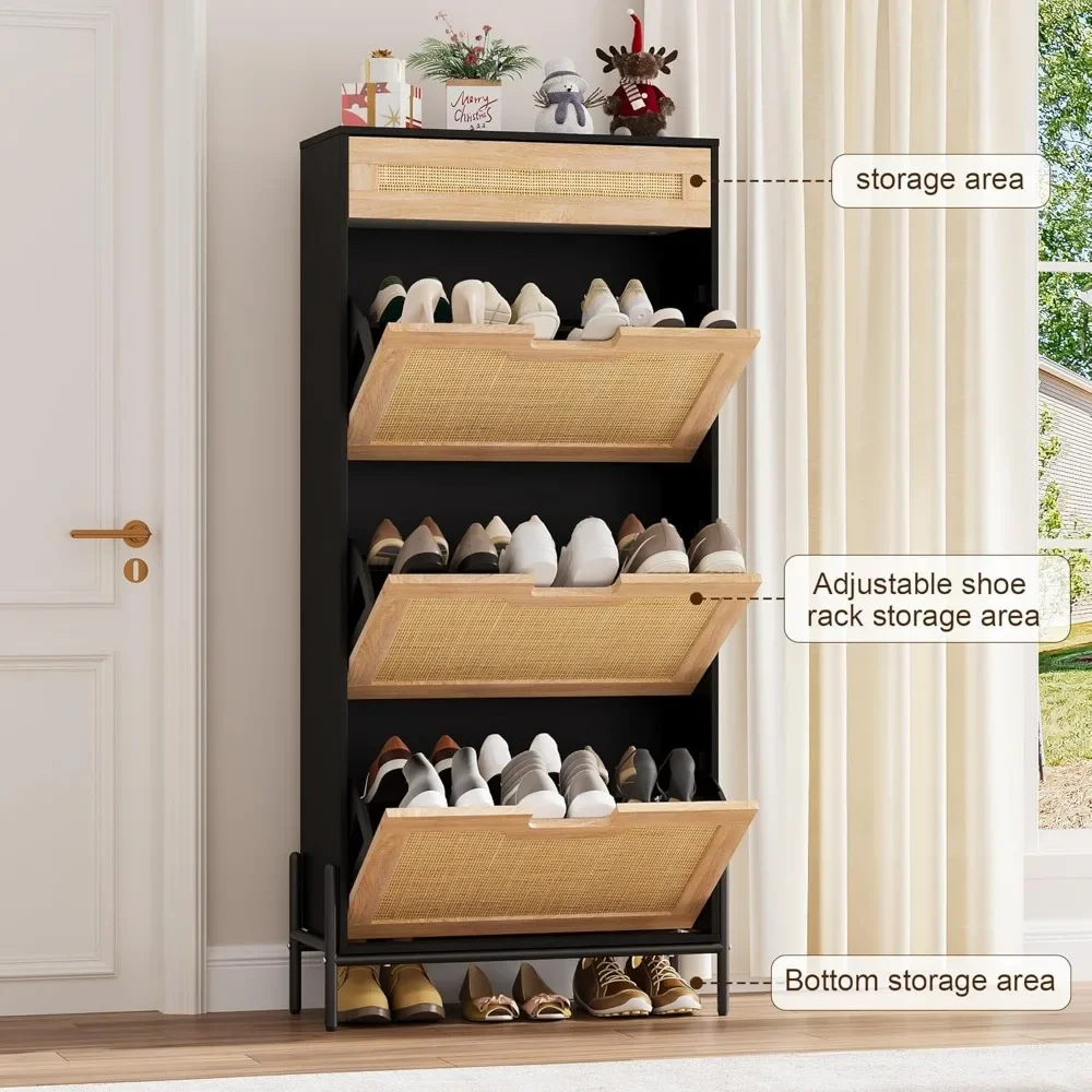 خزانة تخزين من الروطان الطبيعي مع 3 أبواب قابلة للطي ودرج واحد، وخزانة تخزين الأحذية مع رف قابل للتعديل، قائمة بذاتها #5