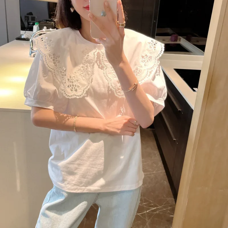 2023 new ladies white chic openwork Peter Pan collar sweet lotus petal collar T-shirt loose top Y2k white short sleeves