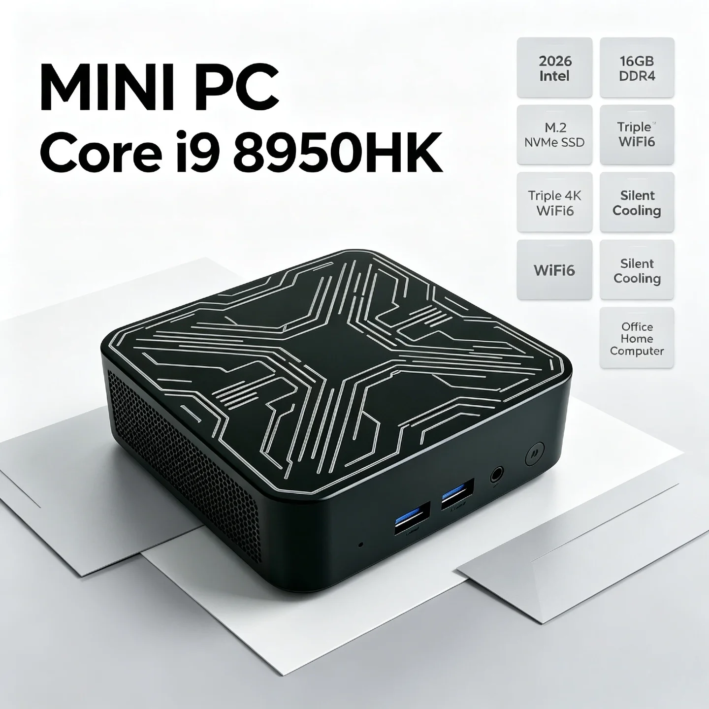 2026 Intel Core i9 8950HK Portable Mini PC 16GB DDR4 M.2 NVMe SSD WiFi6 Silent Cooling Triple 4K Office Home Desktop Computer