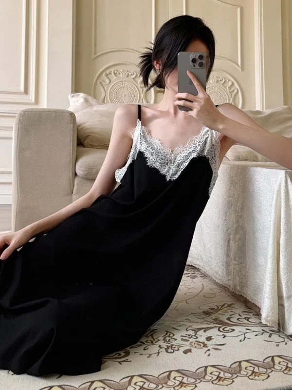 

Summer Thin Silk Lace Bal Women's Nightgown Modal Cotton Mid-Length Spwear Sweet Home Clothes Casual Home Sle
