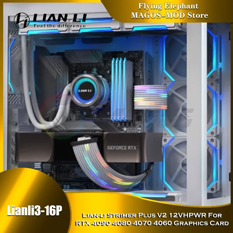 lian li strimer plus v2 12 serie rtx40 vhpwr usado atx30 psu 600w gpu cabo de extensao rgb neon line cord 01