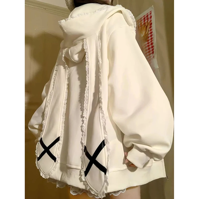 

Кружевная лоскутная толстовка с капюшоном и кроликом, женская белая свободная повседневная куртка в консервативном стиле с длинным рукавом, осень-зима, плотное теплое пальто