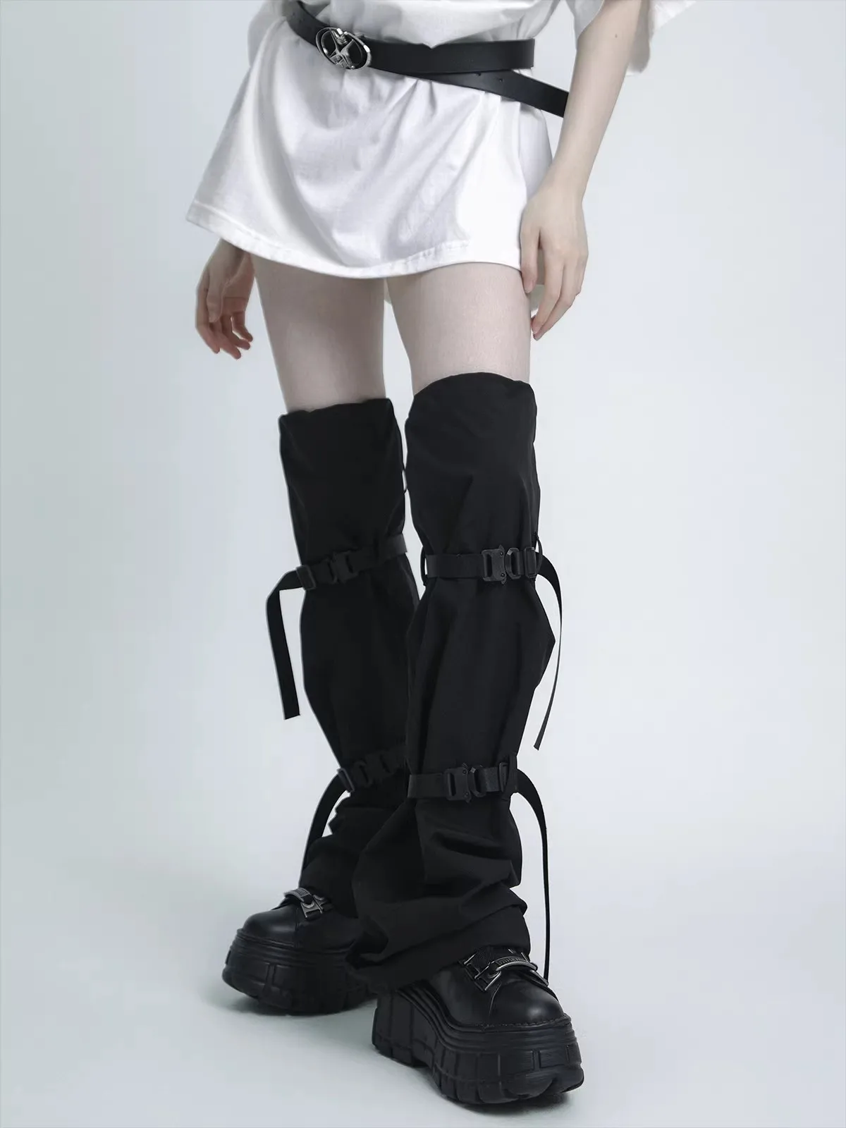 Fall Winter Dark Techwear Waterproof Over-Knee Leg Sleeves with Buckle & Elastic Drawstring Straps, Detachable R3379