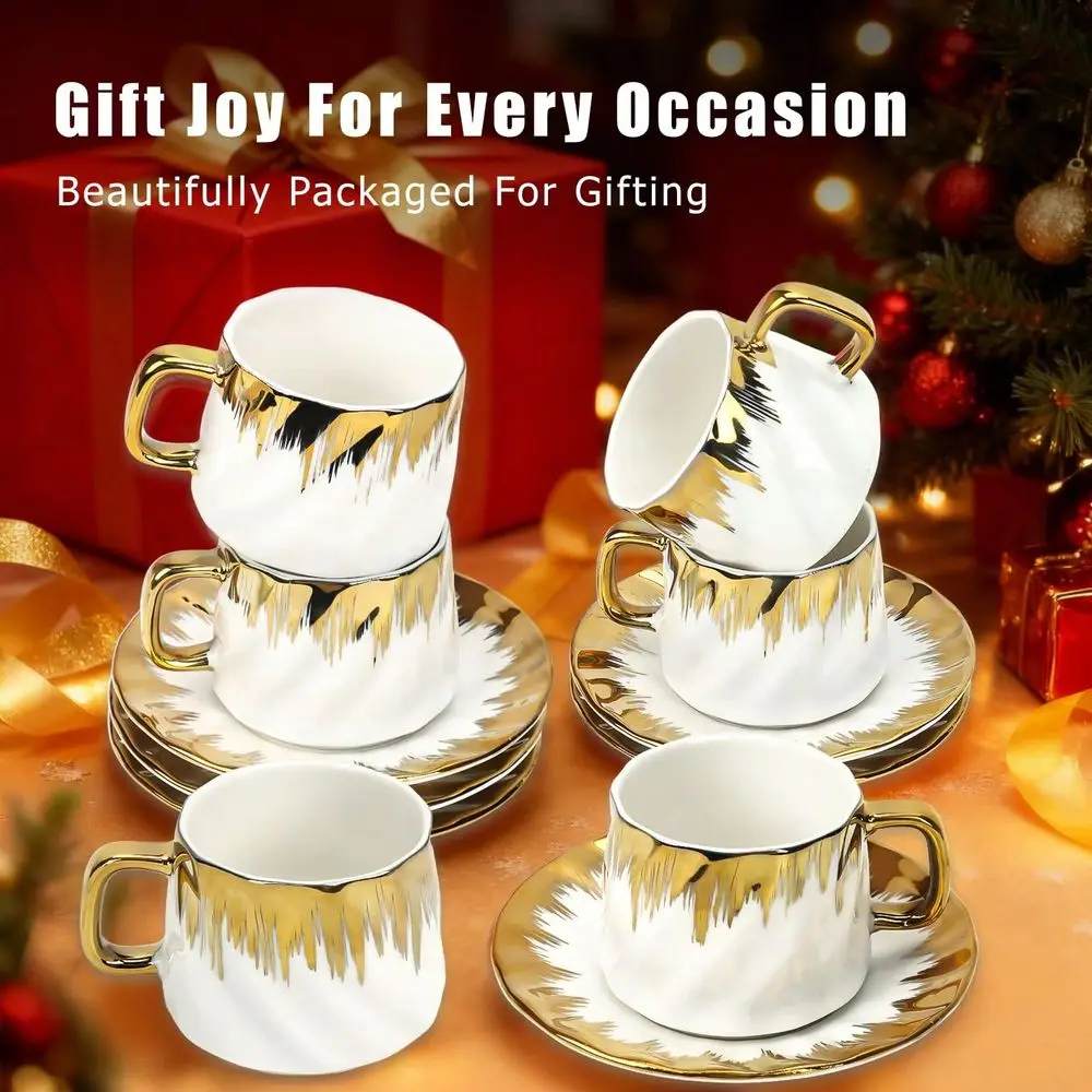 Conjunto de copo de cappuccino de 6 peças, 100ml, luxo europeu, xícara de café de cerâmica com aro dourado, elegante, xícara de chá turco para o chá da tarde