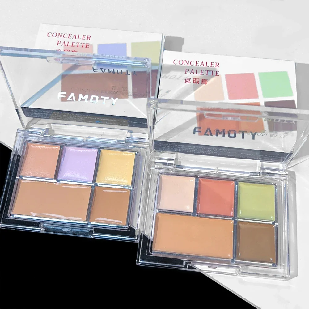 Paleta correctora de colores FAMOTY resistente al agua de 5 colores, duradera, hidratante, poros invisibles naturales, incluso el color de la piel, cosméticos básicos