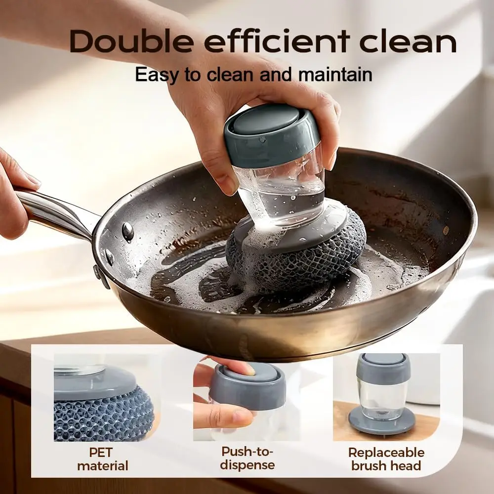 9 Pcs/set 2026 New Comfort Grip Soap Dispensing Kitchen Scrub with 8 Cleaning Balls, Soap Dispensing Dish Brush, Replaceable Cleaning Brush, for Cleaning Dishes, Pots, Pans & Sinks