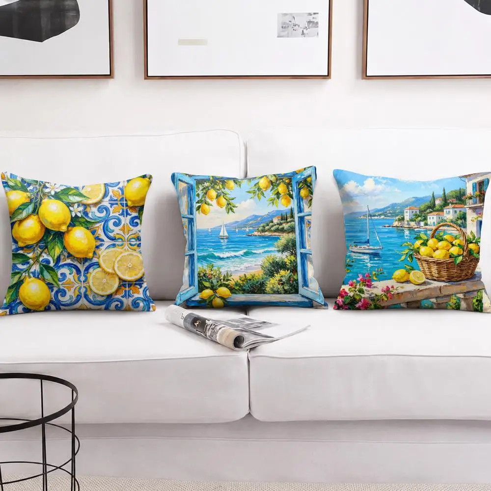Amalfi Coast Lemon Cushion Cover Soft Short Plush Pillow Cases Hidden Zipper Cutecore Sofa Bedroom Home Decor Gift