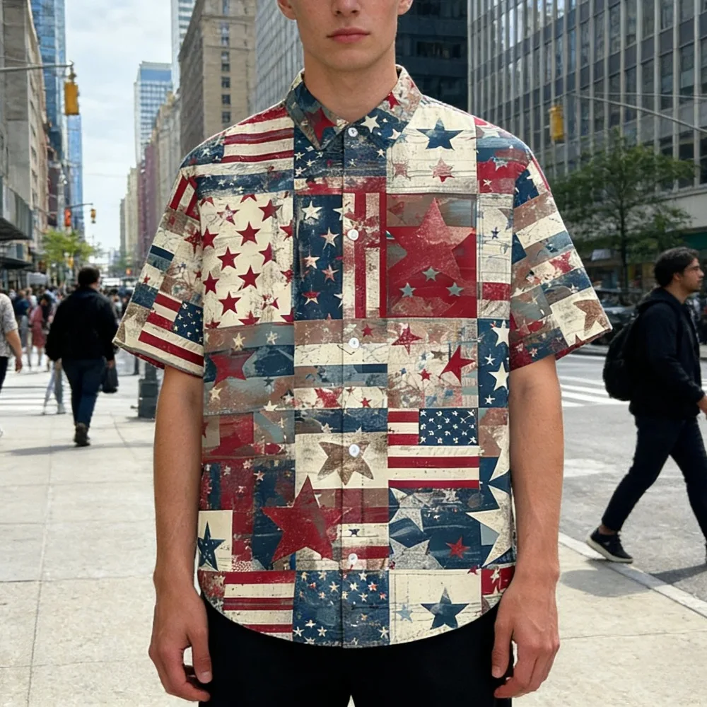 ​Vintage American Flag Eagle Print Men's Short Sleeve Shirt Retro Patriotic Button Down Shirt for Outdoor Camping Casual Wear