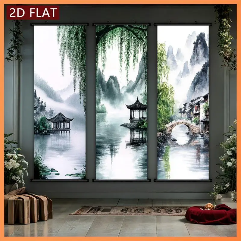 VIKAMA Jiangnan Willow Landscape Wall Tapestry Pavilion Bridge Water Town Chinese Scroll Art Home Decor Soft Plush Durable Cozy