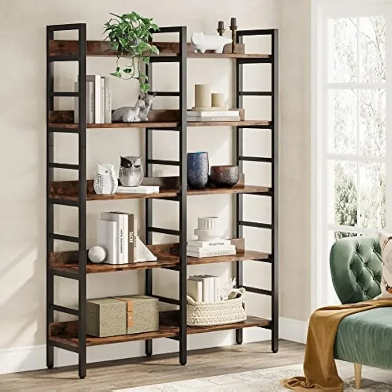 5-Tier Industrial Freestanding Double Wide Book Shelf for Storage and Display,Bookshelves for Living Room Home Office