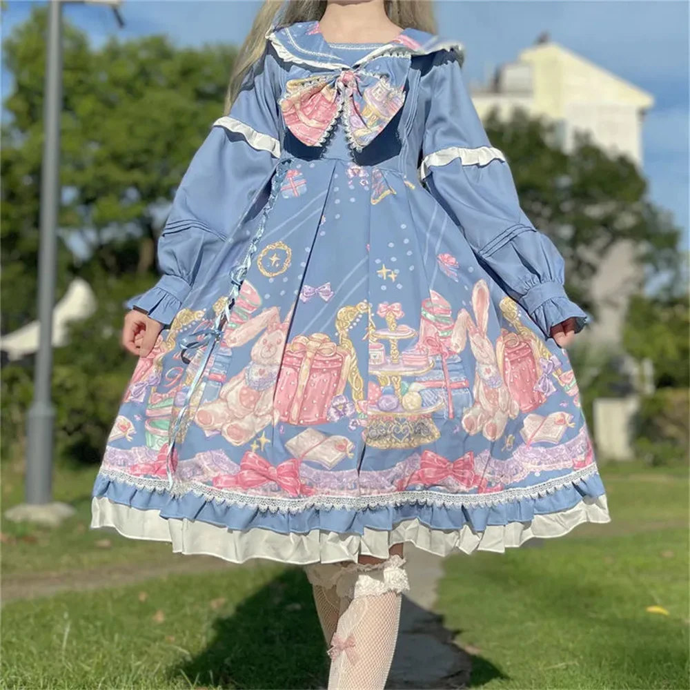 Spotkanie przy herbacie dziewczyny japoński słodki Bowknot drukowanie sukienka Lolita Kawaii kobieta kołnierz piotruś Pan bufiaste rękawy Cosplay Lolita Op