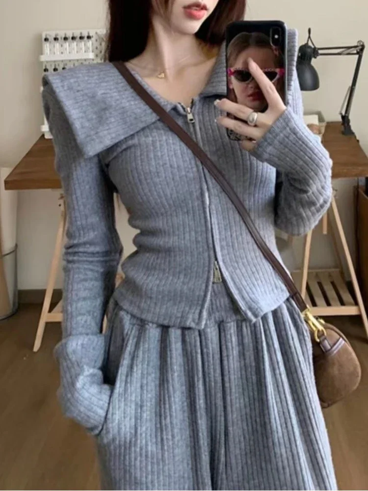 Korean Fashion Women Sets Sailor Collar Two-way Zipper Shirt Long-sleeve High Waist Straight High Quality Long Pant Two Pieces