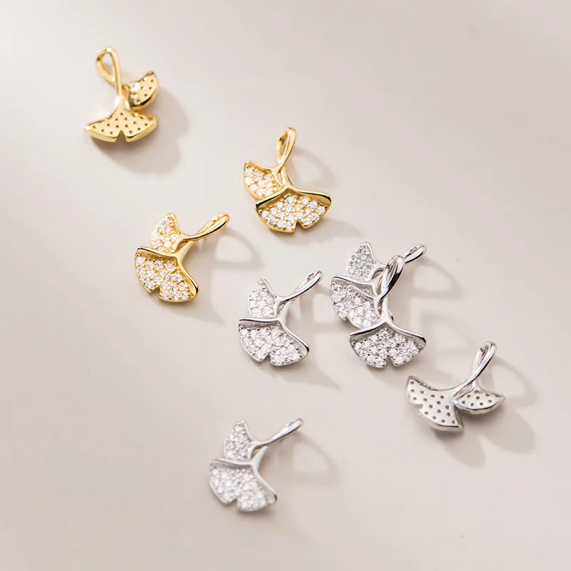 925 Silver Charms Zircon Ginkgo Leaf Pendant DIY Necklace Accessries Jewelry Silver 925 Charms Biloba Beautiful