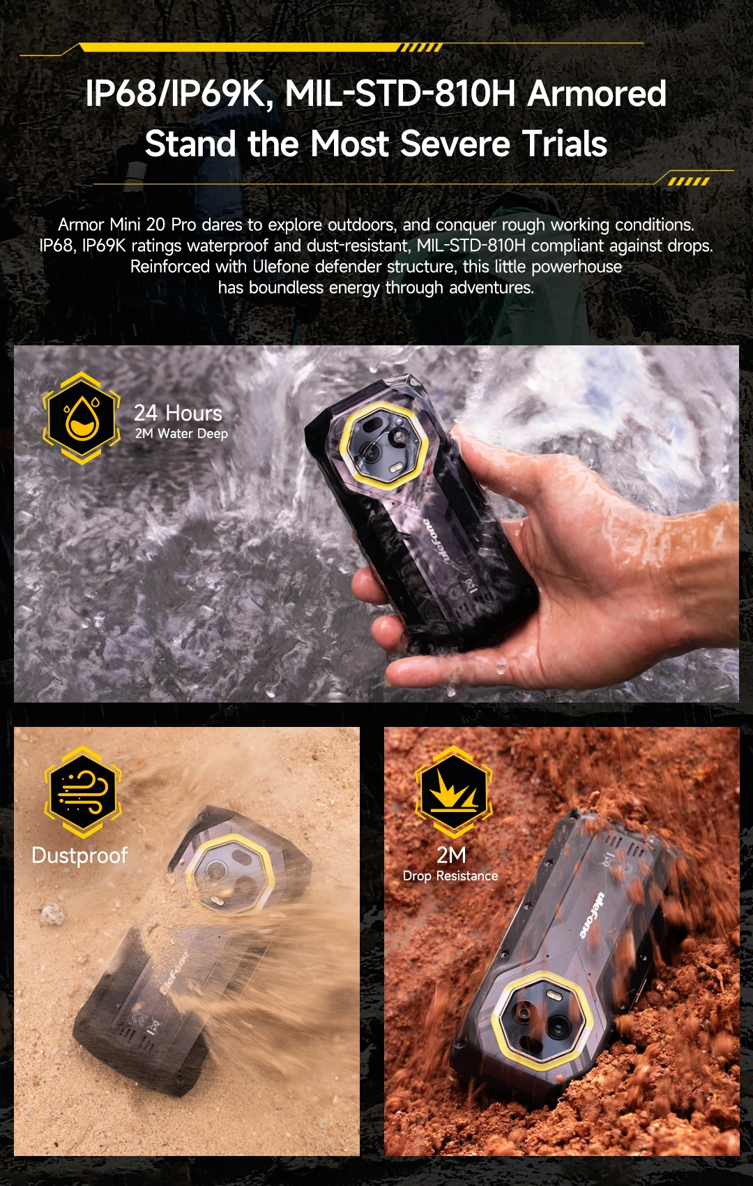Ulefone Armor Mini 20 Pro 4.7" Rugged Phone 5G Smartphone Android 14 6200mAh 16GB(8+8) 256GB 64MP Night Vision 33W Fast Charge