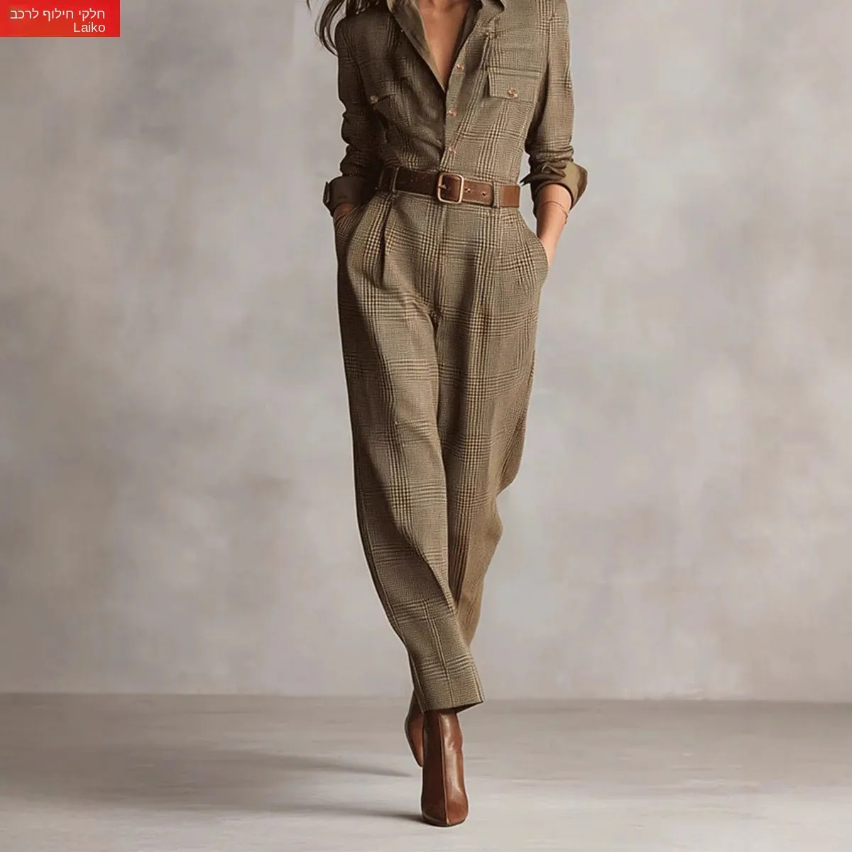 

Classic Retro Plaid Workwear Jumpsuit for Women High Waist Long Pants Comfortable Stretchy Fabric Autumn Season Fashionable