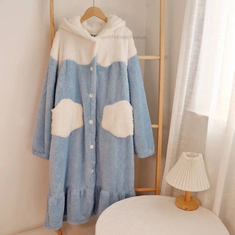 Sanrio Cinnamoroll Kawaii Hooded Home Long Pajamas Robe & Pants 2 Pcs Sets Winter Plush Cotton Thickened Warm Cartoon Pajamas