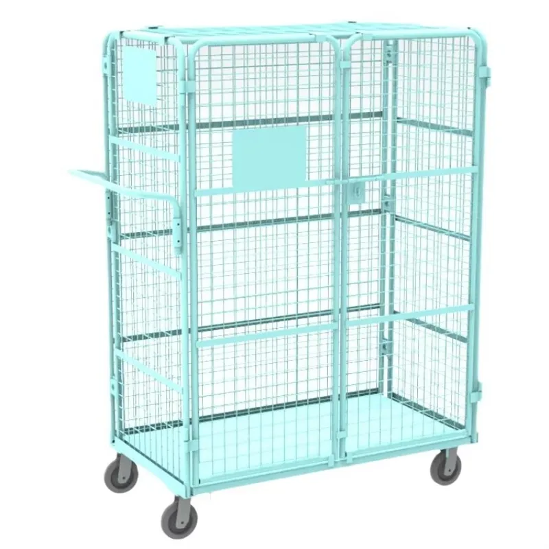 Four-tier logistics trolley plastic foldable mesh turnover cart with removable baffle double door storage cover