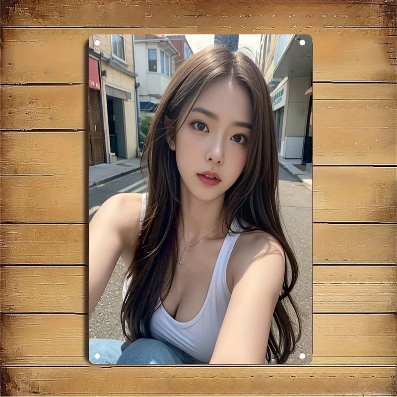 

Korean Beauty Woman Metal Sign Plate - Korean Wave Inspired Iron Wall Art Poster, Cute Female Face & Korean Style Photo Frame Fo
