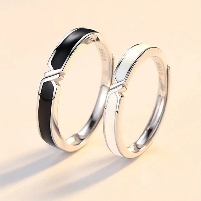 2Pcs Black and White Lovers Knot Ring Bands Kit Couples Matching Rings Promise Wedding Bands Adjustable for Him and Her