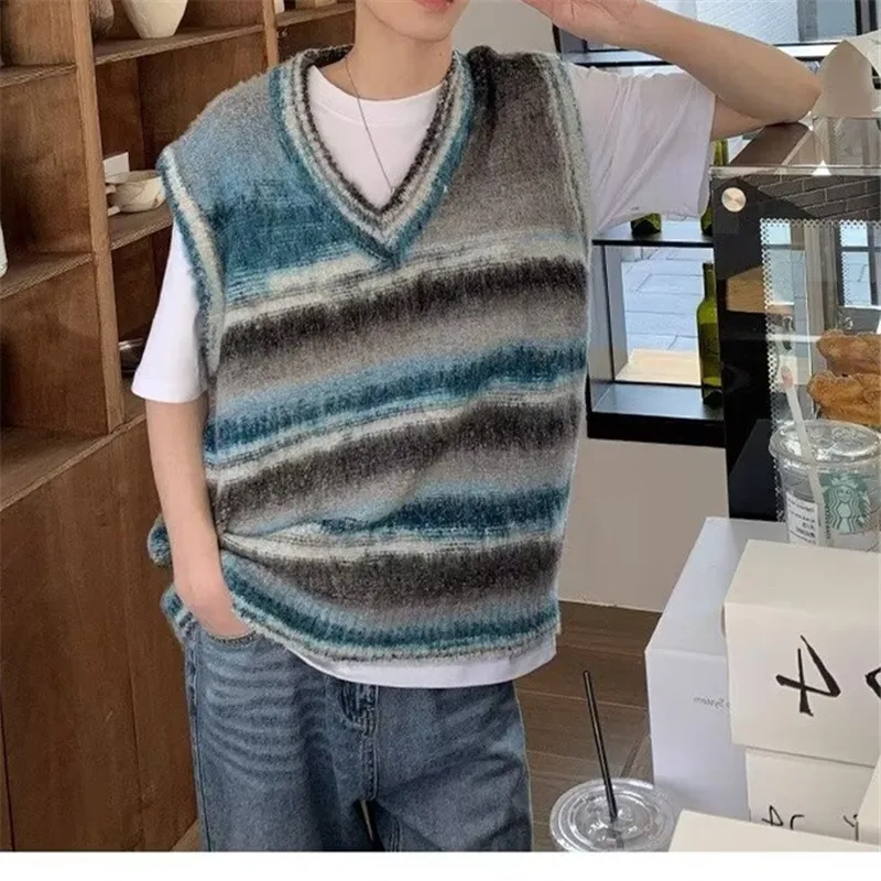 

Korean Style Mens Women Striped Print Sleeveless Pullover Y2K Autumn New Sweaters Vest Men V-neck Knitted Vintage Vests Harajuku