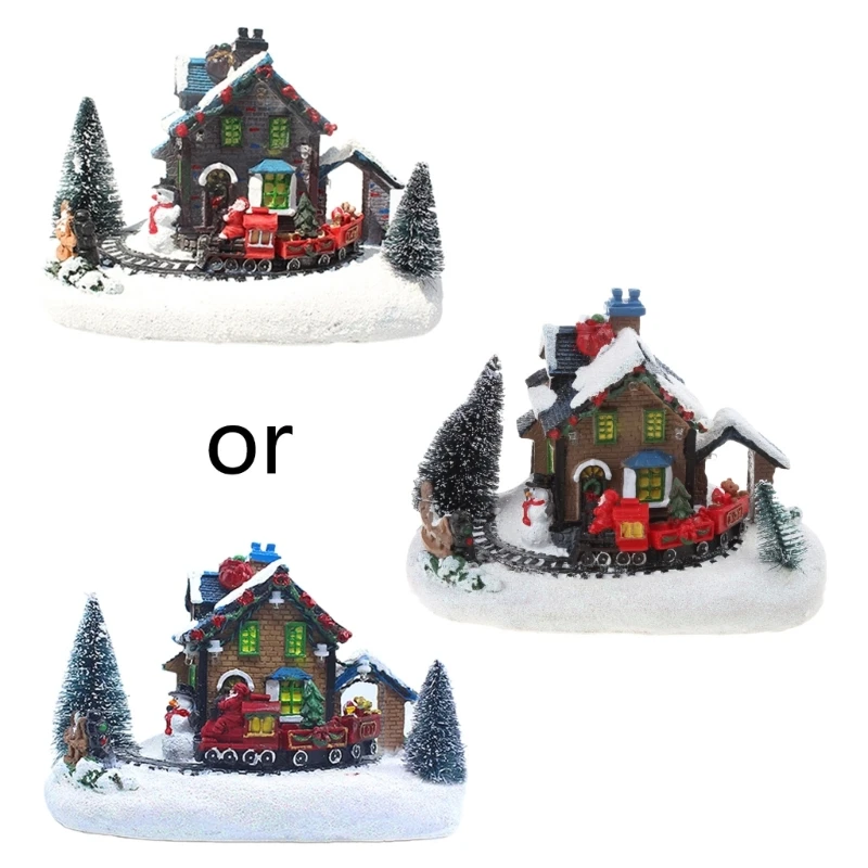 

Christmas Small Train Village House Luminous Landscape Snow Figurine Resin Decor