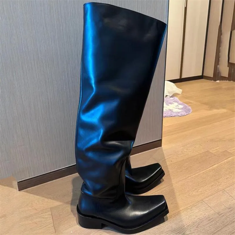 Square-headed Long Boots for Men New Thick-soled Over-the-knee High Boot