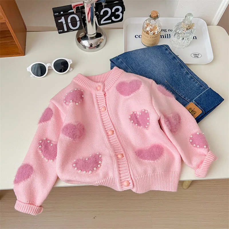 Children\'s Pink Heart Pearl Color Matching Knitted Cute Casual Sweater Cardigan Girl Spring and Autumn Jacket
