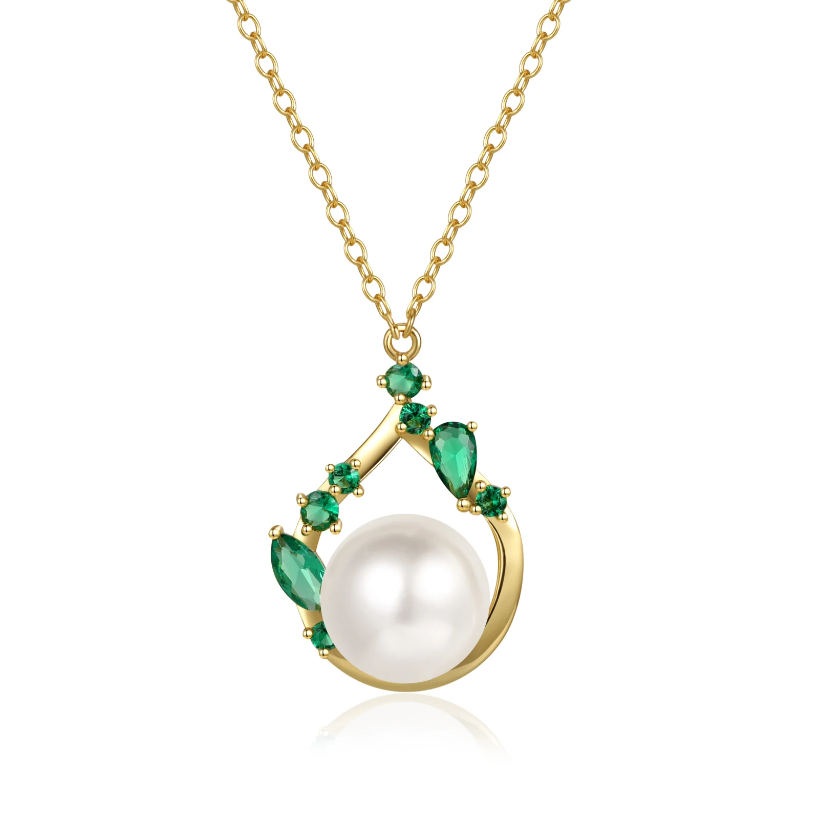 

925 Sterling Silver Teardrop Necklace Pave Green Emerald Zirconia Single Premium White Pearl For Women Quality Gold Plate Adjust