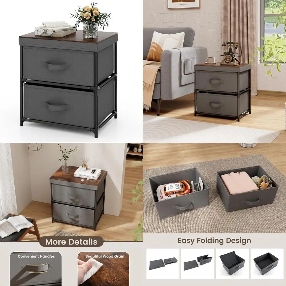 

2-Drawer Fabric Nightstand with Metal Frame and Wooden Top for Bedroom Storage