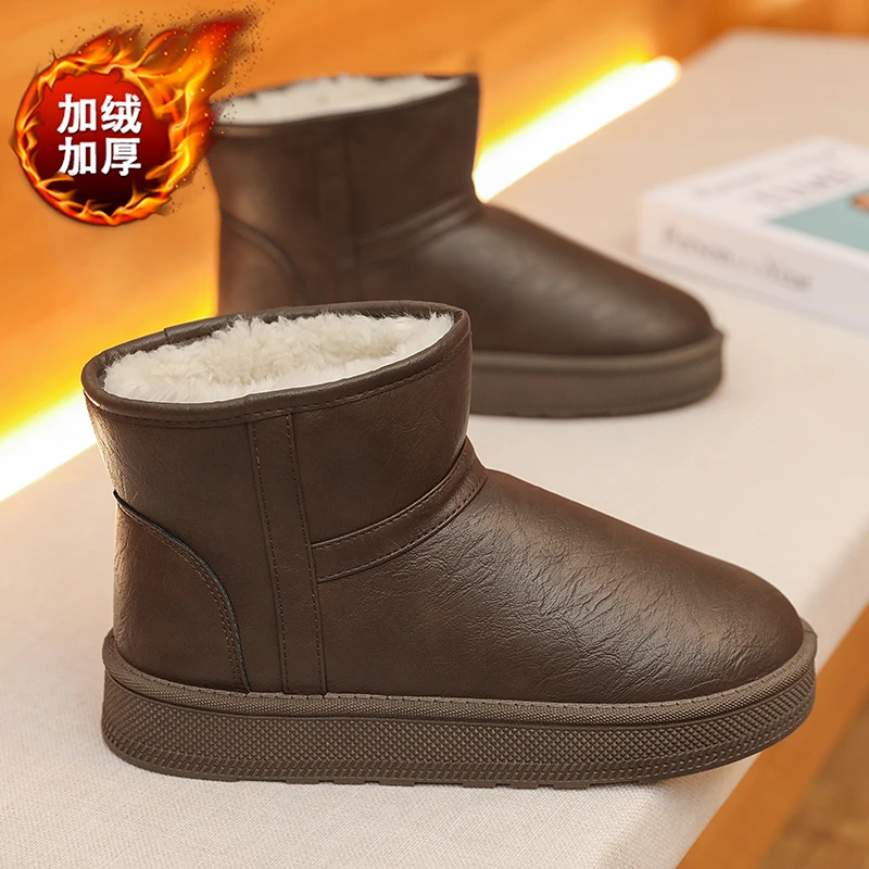Men's Dark Brown Faux Leather Winter Ankle Snow Boots Fleece Lined Non-Slip Thick Sole Slip On Warm Casual Daily Walking Shoes