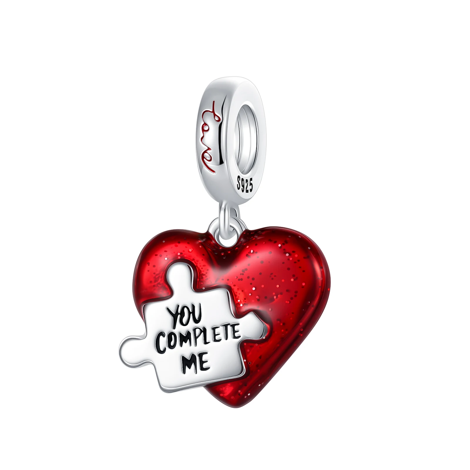 925 Sterling Silver Puzzle Piece & Red Glitter Heart Dangle Charm 