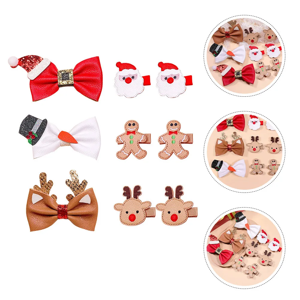 9Pcs Christmas Hair Clips for Bow Barrettes PU Metal Hair Accessories Holiday Party Photo Booth Gift