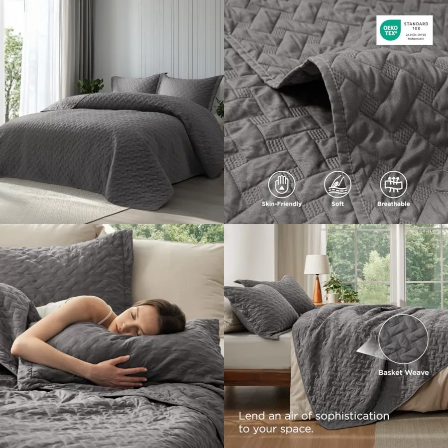 

Quilts King Size - Grey Bedspreads King Size with Basket Weave Pattern, Soft Quilt Bedding Set, Lightweight Comforter Set Cover