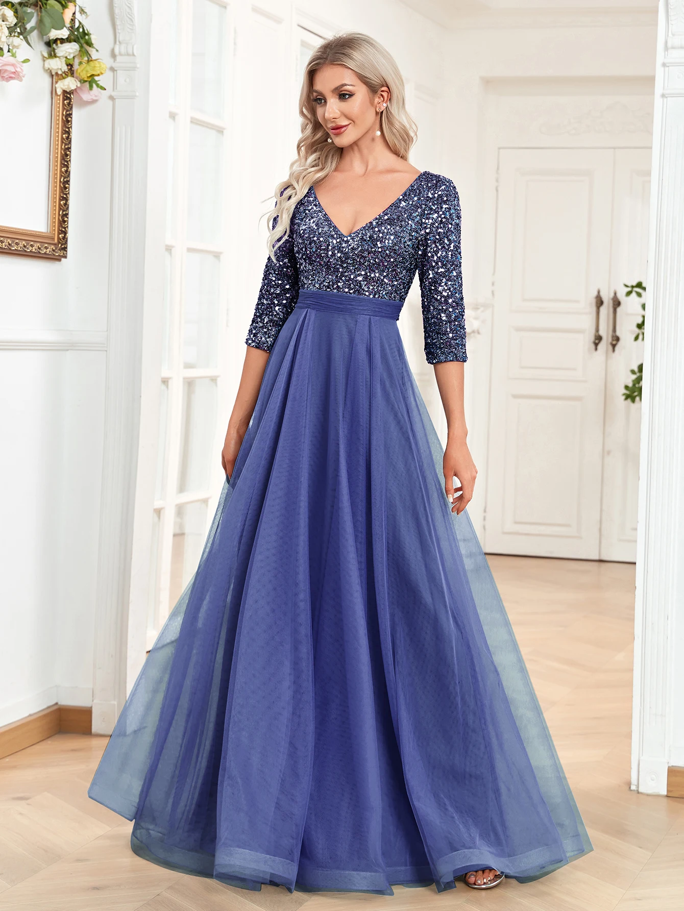 XUIBOL-Vestido largo de Noche Azul con lentejuelas para mujer, traje Formal de sirena de manga larga con cuello en V, para fiesta de boda y graduación, 2024