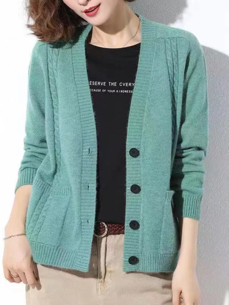 Knitted Cardigan Women Long Sleeve Vintage Solid Color Single-breasted V Neck Knitting Cardigans Chic Tops Fashion New 2023